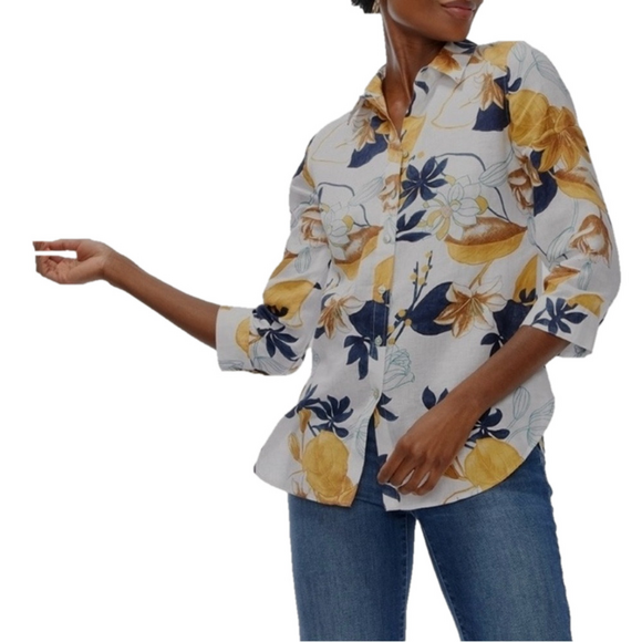 Chico’s No Iron Linen Shirt Size 16 Tropical Garden 3/4 Sleeve Gold NEW - Picture 2 of 14